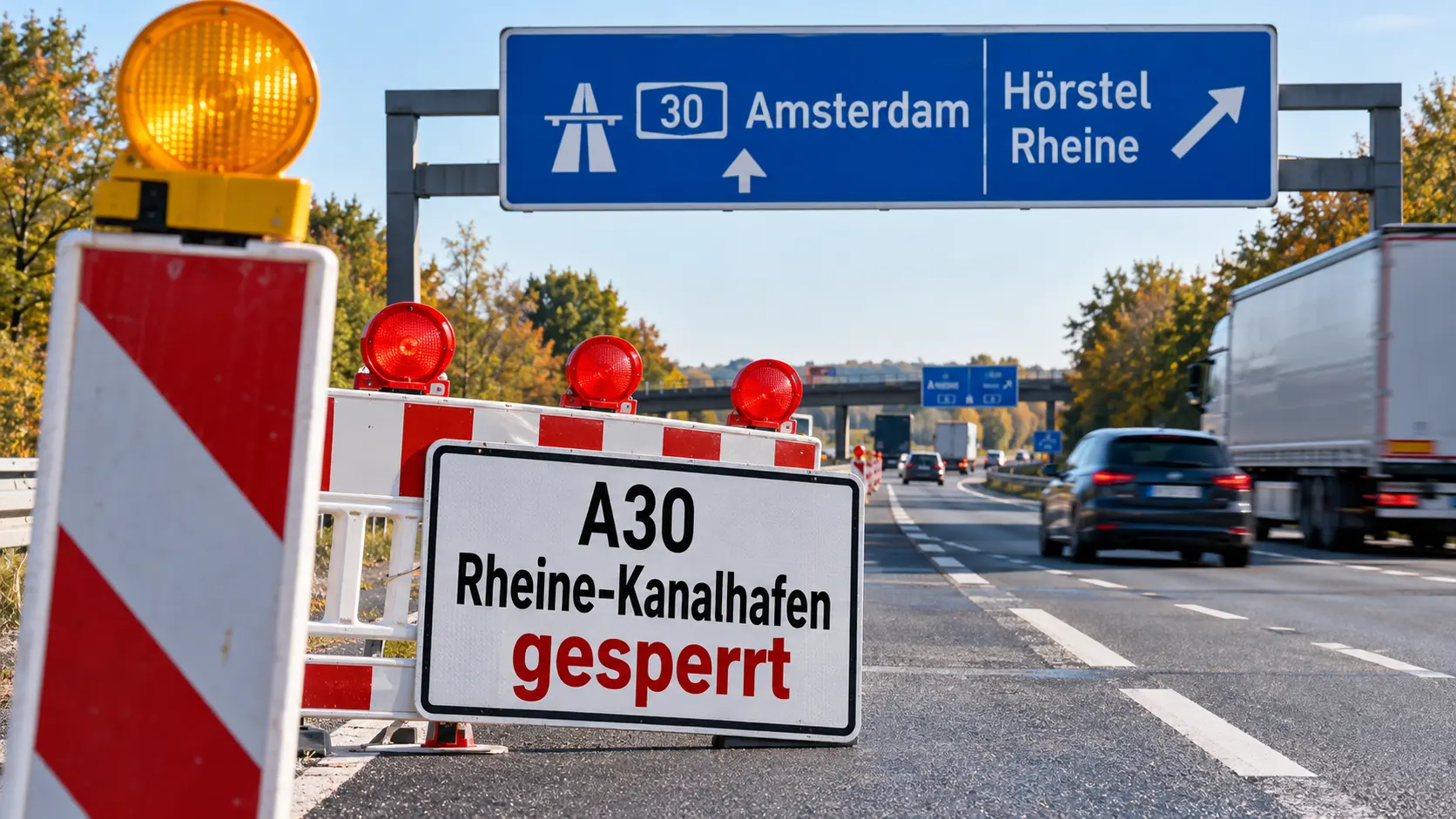 ymbolbild zur A30-Sperrung bei Rheine-Kanalhafen mit Baustellenabsperrung, Warnleuchten und Hinweisschild Richtung Amsterdam und Hörstel.