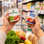Zwei Joghurtbecher mit den Aufschriften Eigenmarke und Markenprodukt werden beim Einkauf im Supermarkt miteinander verglichen.
