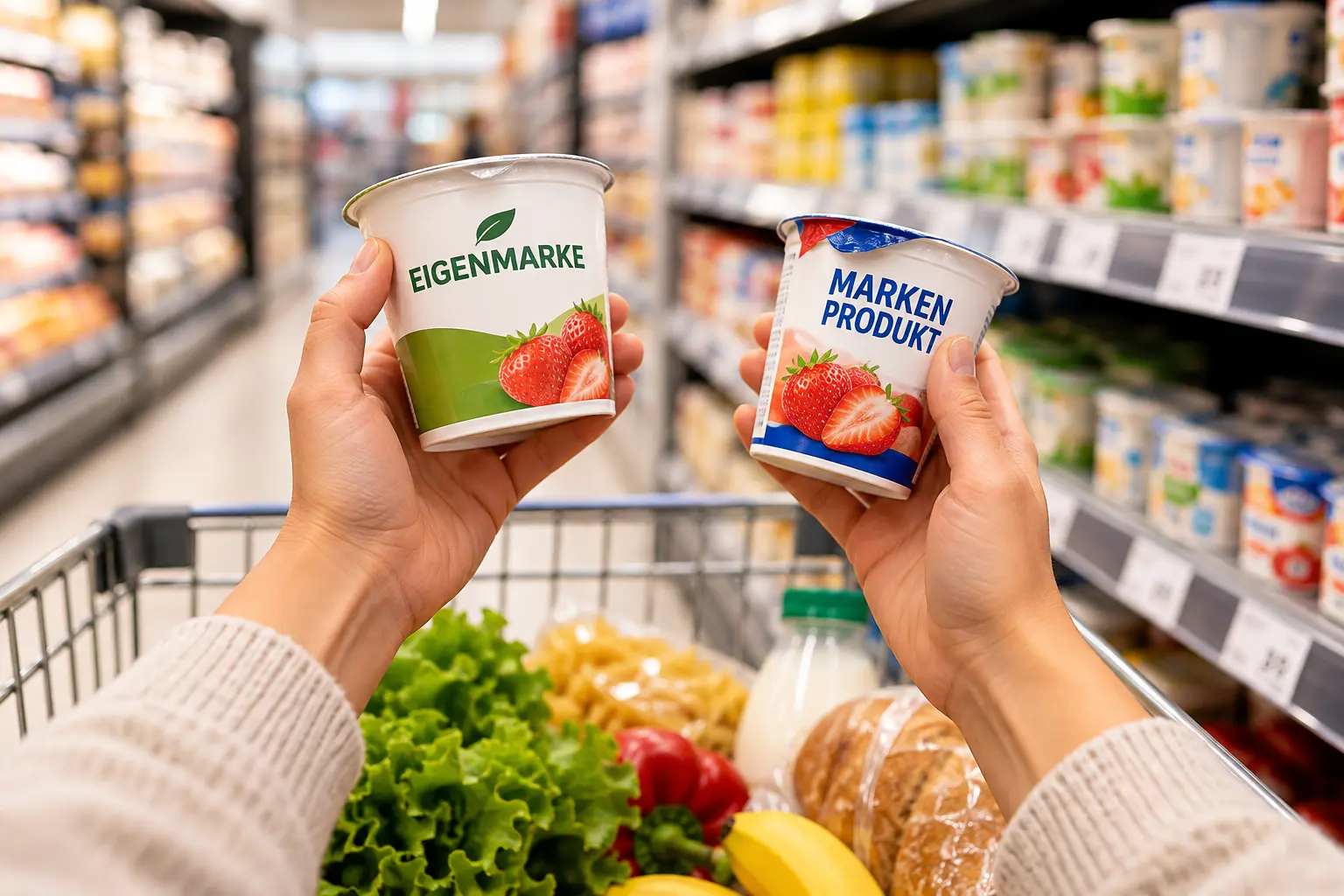 Zwei Joghurtbecher mit den Aufschriften Eigenmarke und Markenprodukt werden beim Einkauf im Supermarkt miteinander verglichen.