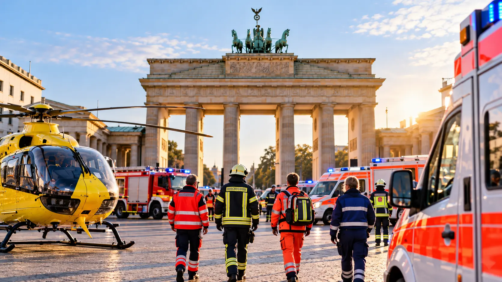 Symbolbild zur Notfallreform 2026: Rettungskräfte, Rettungswagen und ein Rettungshubschrauber vor dem Brandenburger Tor in Berlin.
