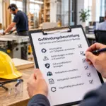 Eine Person prüft eine Checkliste zur Gefährdungsbeurteilung im Betrieb. Im Hintergrund sind Arbeitsplätze in einer Werkstatt und einem Büro zu sehen.