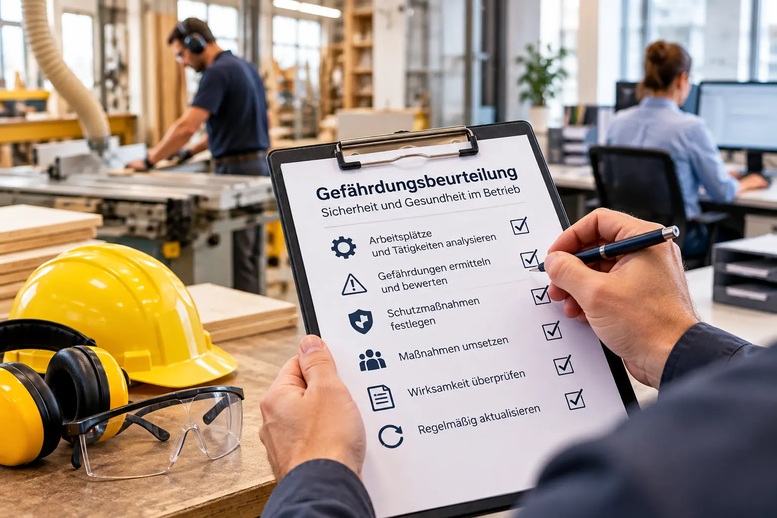 Eine Person prüft eine Checkliste zur Gefährdungsbeurteilung im Betrieb. Im Hintergrund sind Arbeitsplätze in einer Werkstatt und einem Büro zu sehen.