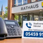 Symbolbild zur neuen Telefonnummer der Stadtverwaltung Hörstel: Telefon mit der Rufnummer 05459 911-0 vor einer illustrierten Rathauskulisse.