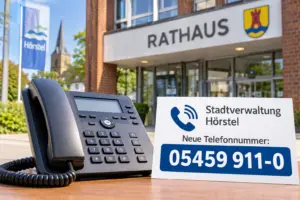 Symbolbild zur neuen Telefonnummer der Stadtverwaltung Hörstel: Telefon mit der Rufnummer 05459 911-0 vor einer illustrierten Rathauskulisse.